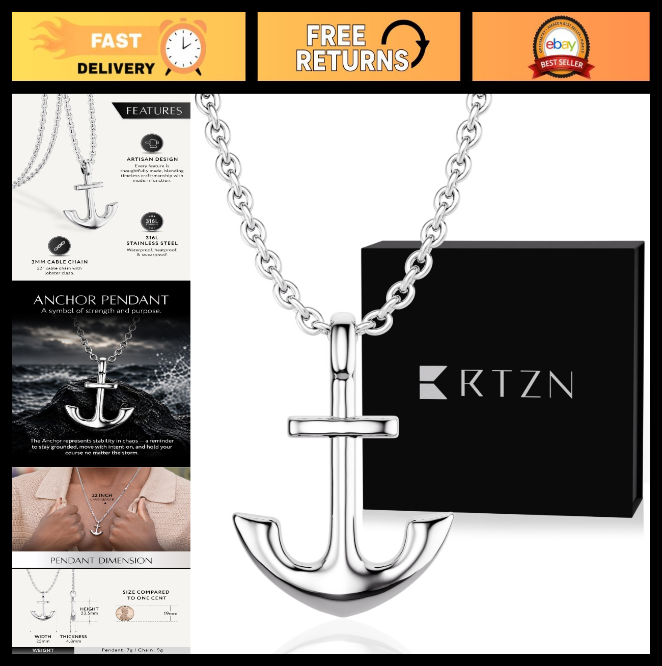 Men’s Stainless Steel Pendant Necklace – 22″ Chain, Waterproof, Non-Tarnish, Bol