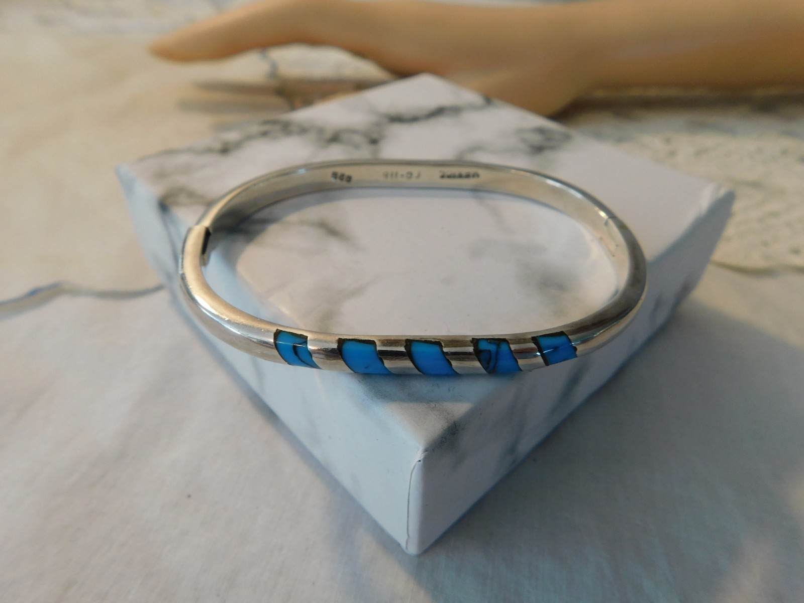 Taxco Sterling Silver Turquoise Hinged Bangle Bracelet Vintage Mexico 925 TC-116
