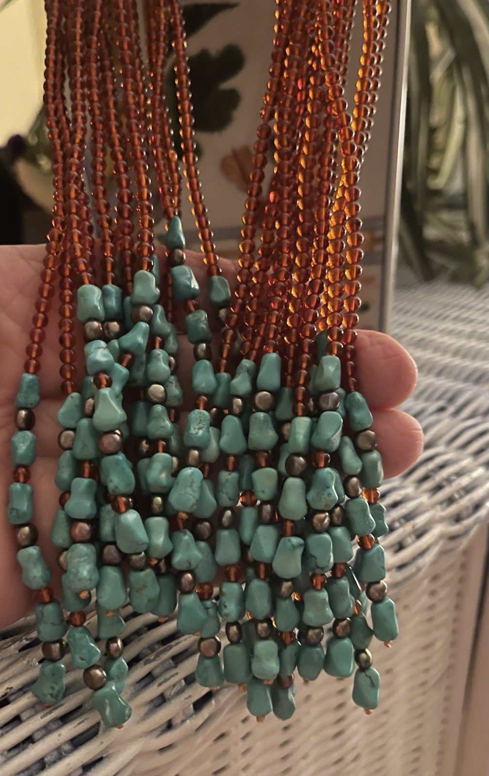 Butterscotch Amber With Turquoise Nuggets 42 Inches Long Lariat Style 24 Strings