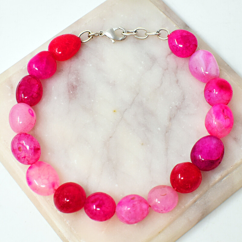 157.00 Cts Natural 8 Inches Long Pink Onyx Beads Handmade Bracelet NK 19E214