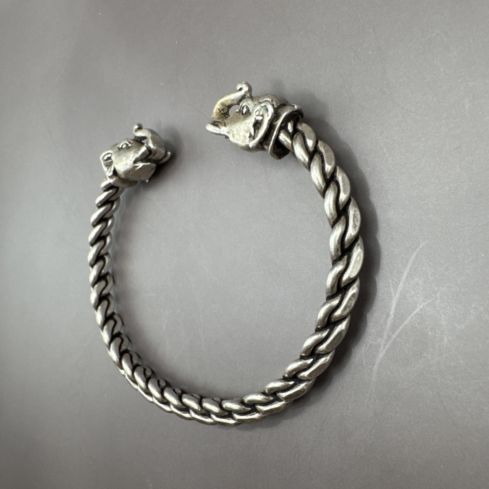 Sterling Silver Elephant Head Cuff Bracelet Open Ended Braided Bangle 39 grams