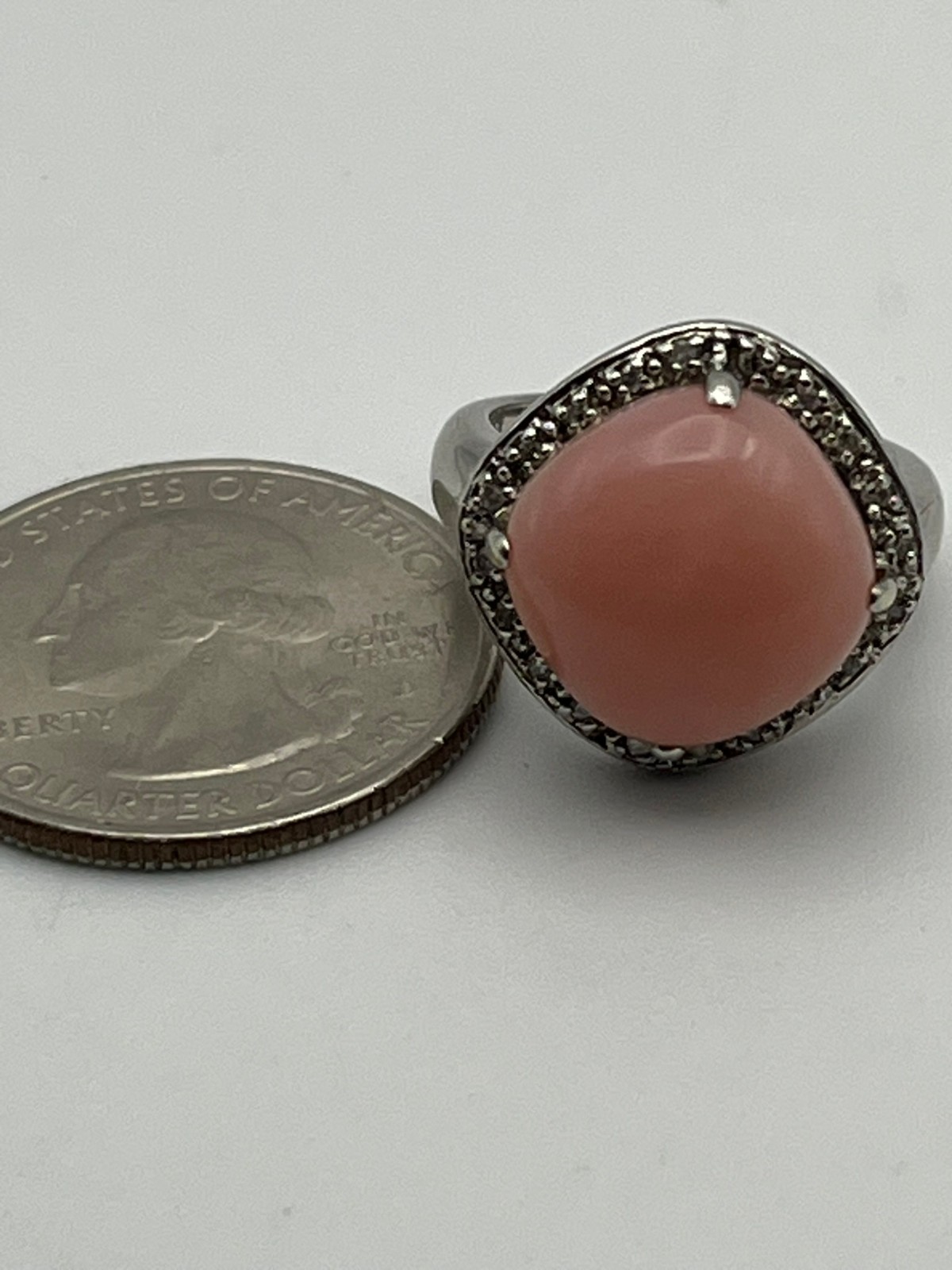 14K Solid White Gold Pink Coral Stone and Diamond Halo Ring Size 5.25