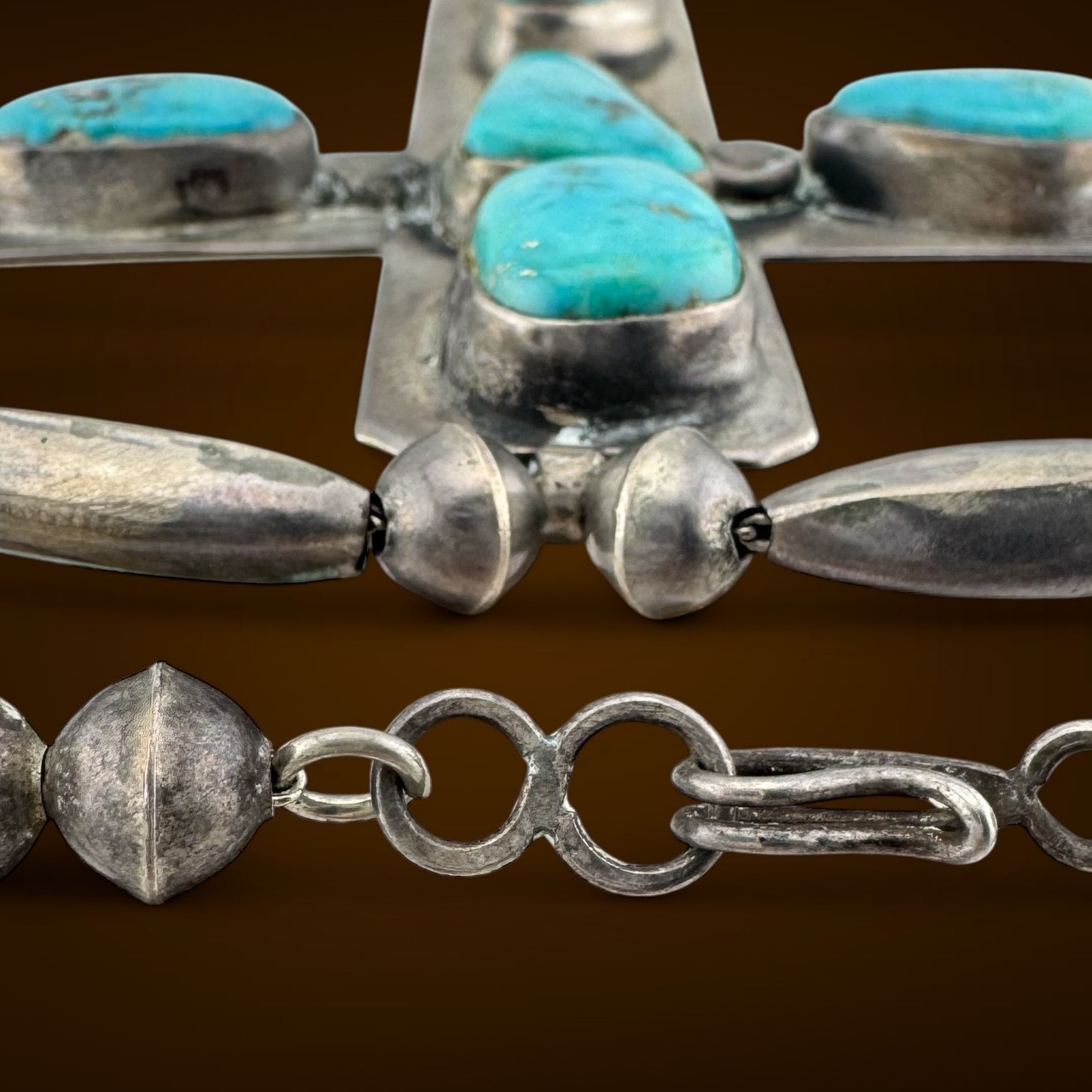 Large Vintage Southwestern Sterling Silver & Turquoise Cross Necklace 77.8g