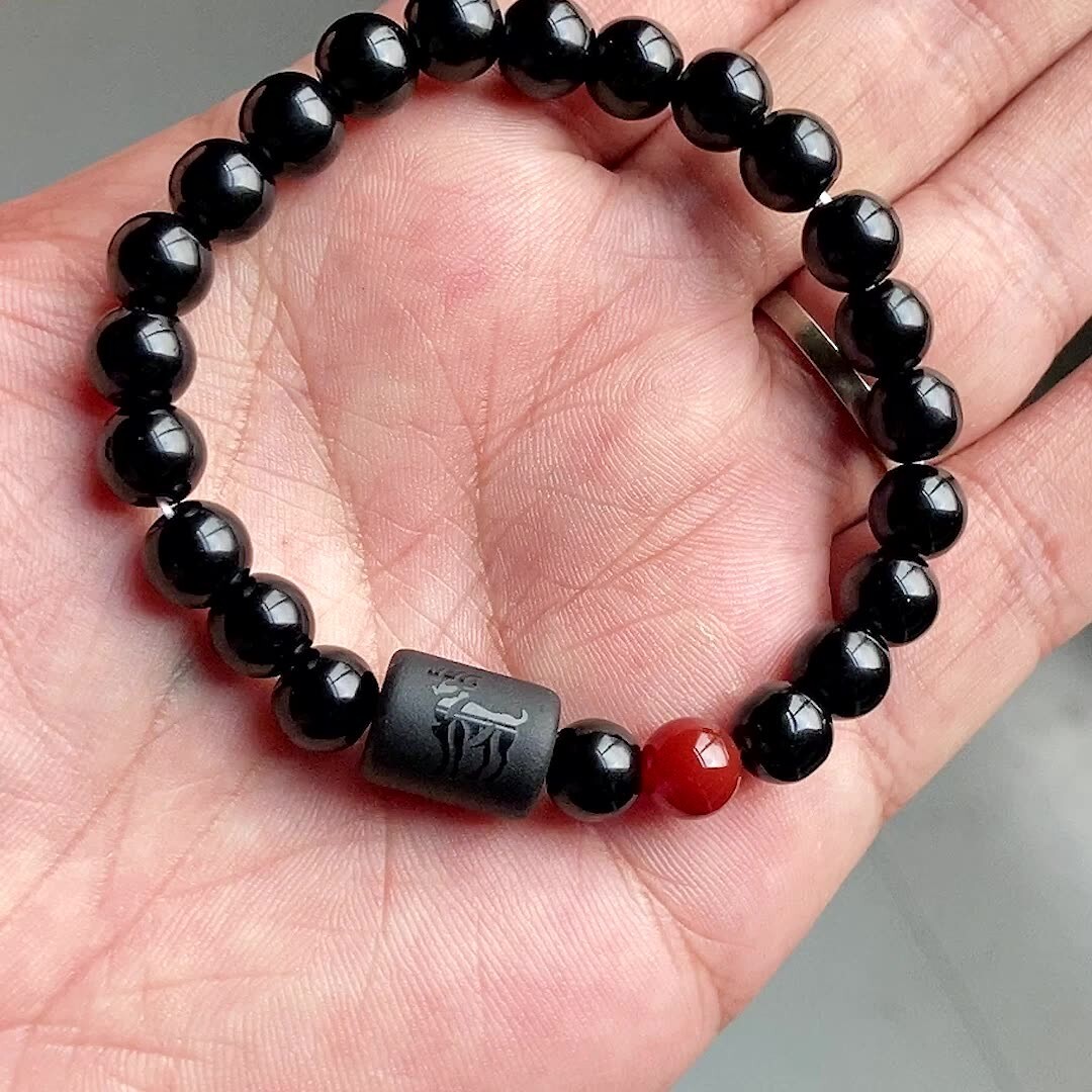 Zodiac Sign Natural Black Stone Beaded Elastic Stylish Bracelet Astrological