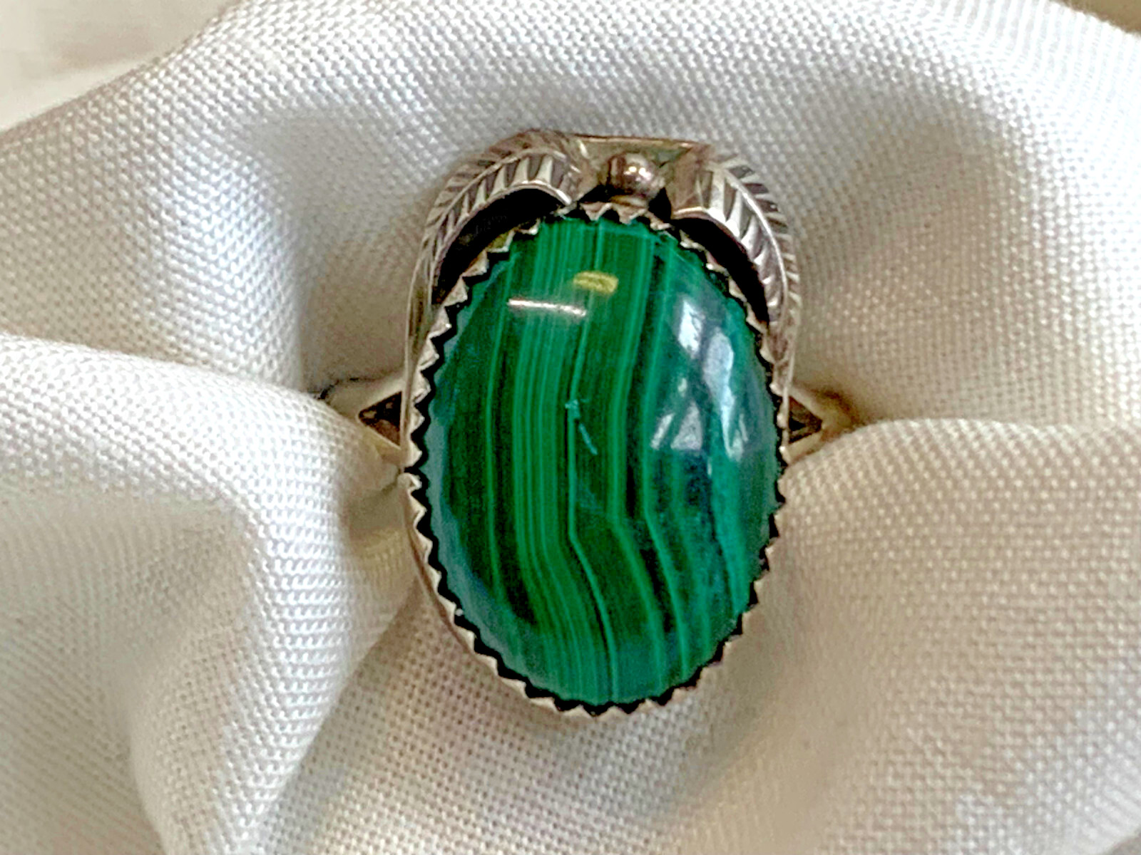 Sterling Silver Signed Ring 5.92g Fine Jewelry Size 7.75 Band Green Malachite