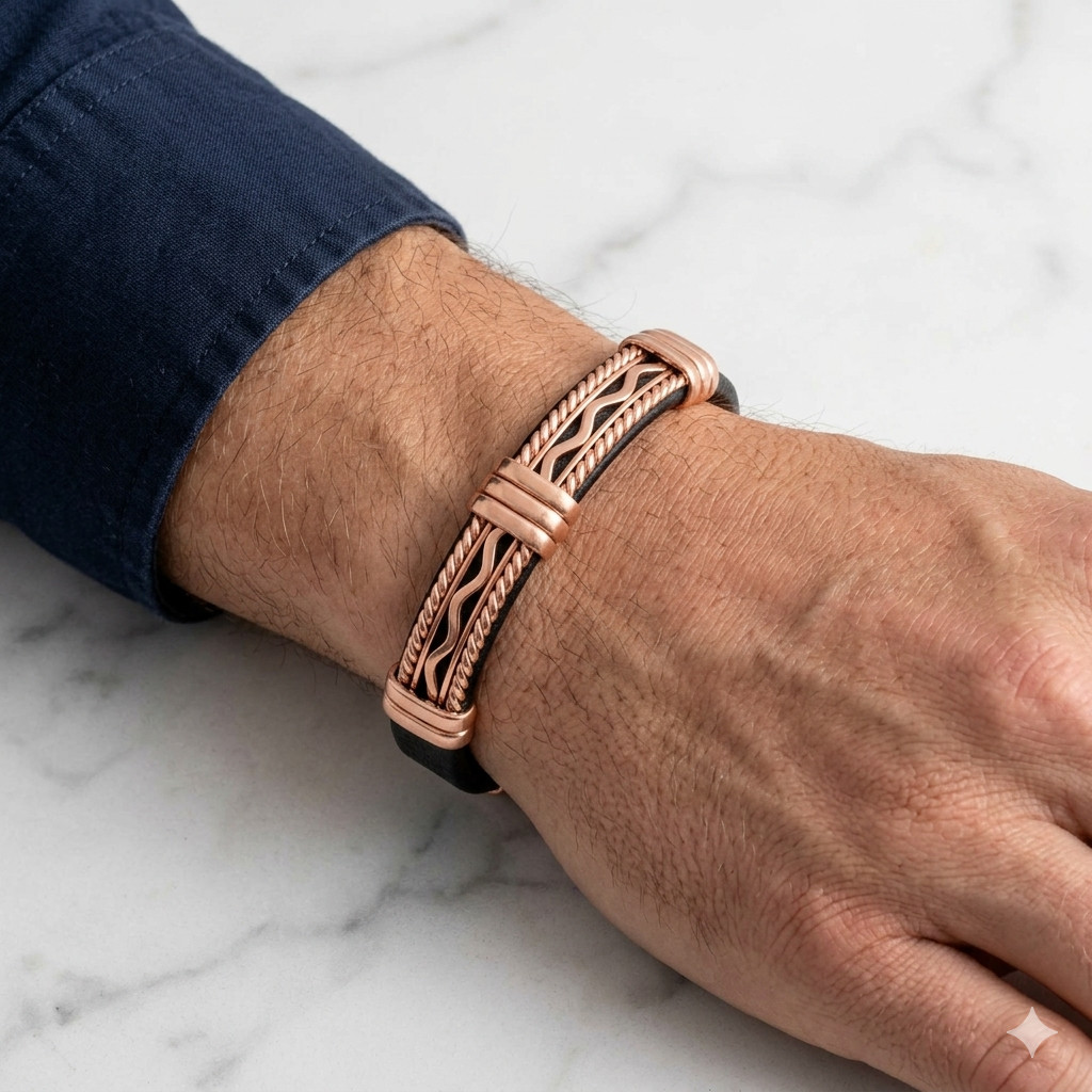 Solid Copper Leather Wrapped Magnetic Bracelet Arthritis Pain Therapy Cuff V