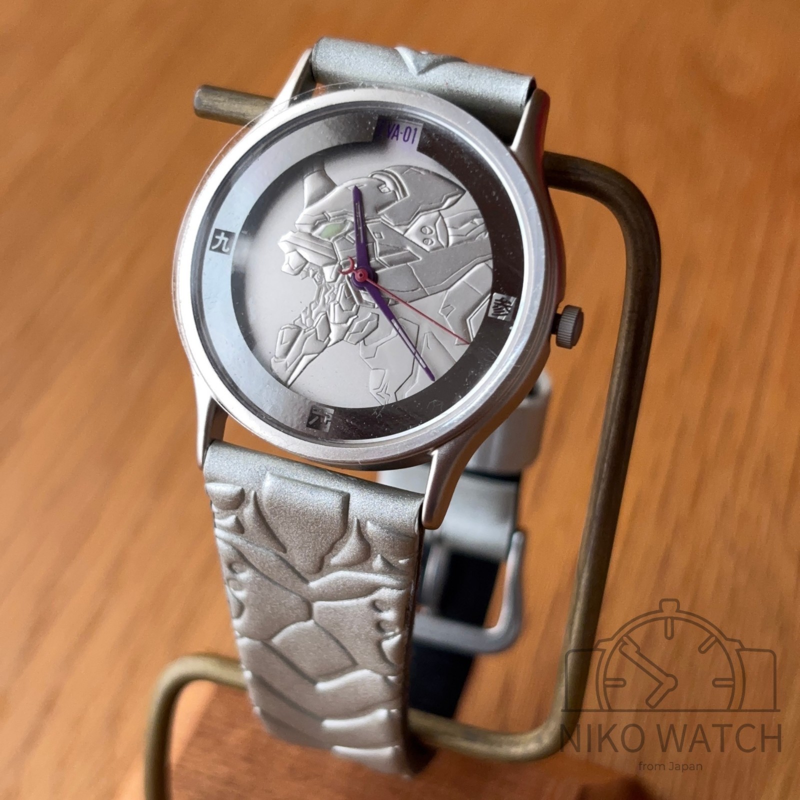 Evangelion EVA Unit 01 silver watch Mens w/Wooden Box & Paper [Near Mint+]