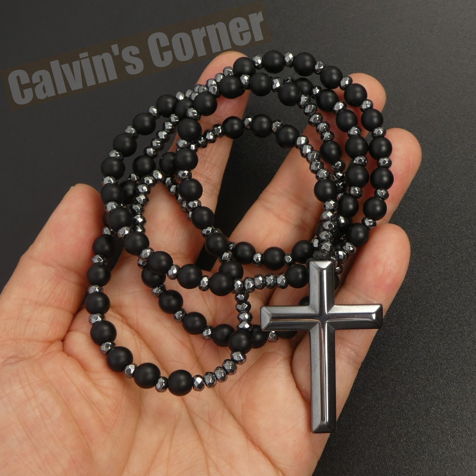 Matte Black Onyx Hematite Rosary Necklace Catholic Christ Cross Men Women Gift