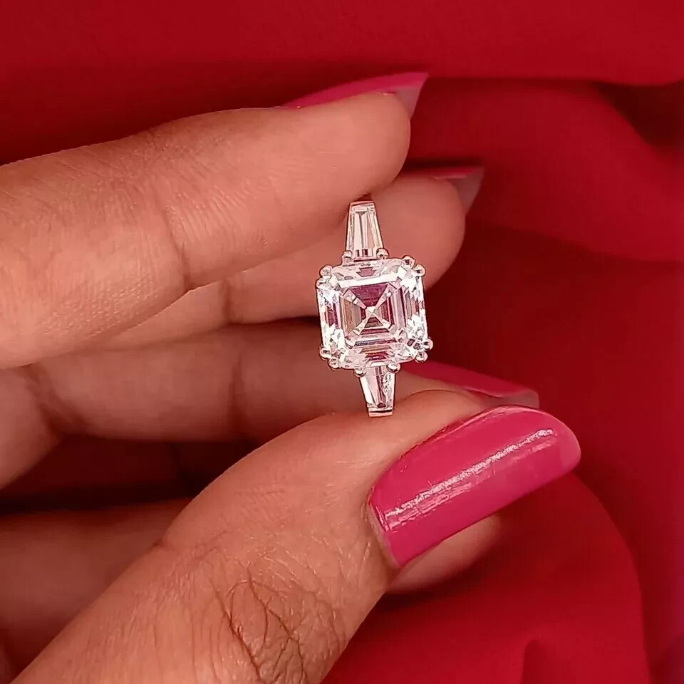Solid 14K White Gold 3 Carat Asscher Cut Moissanite Solitaire Engagement Ring