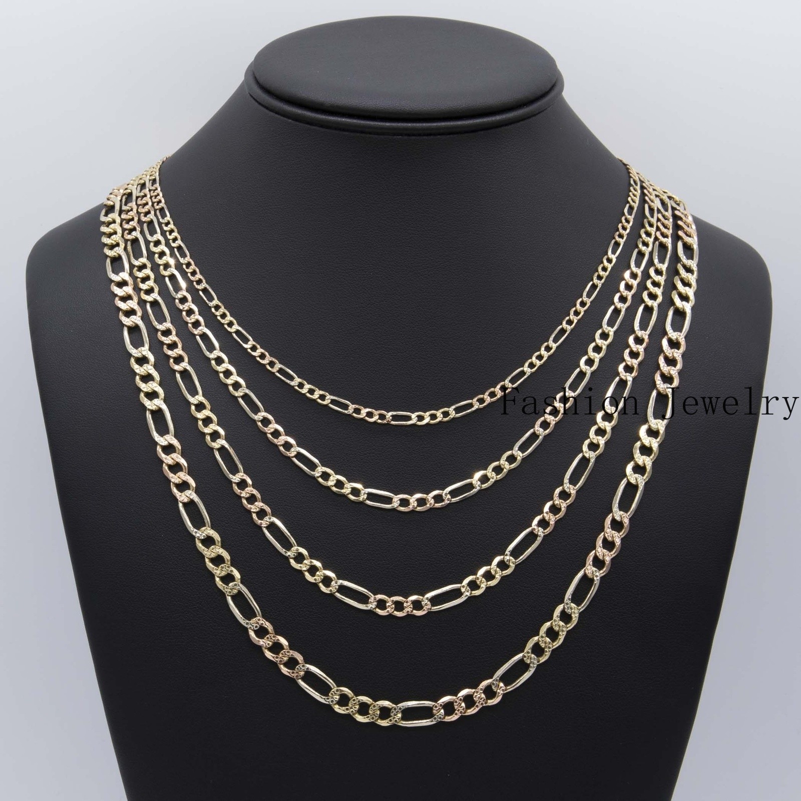 Solid 10K Gold Diamond-Cut Figaro Link Chain Necklace 10K Yellow White Rose Gold