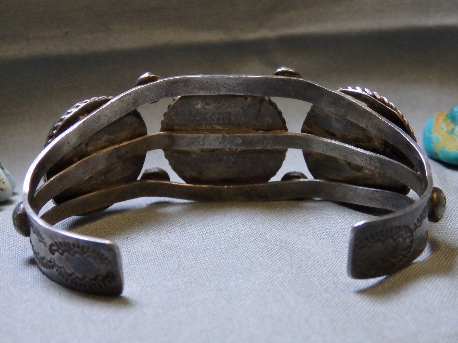 Fred Harvey Era NAVAJO Green TURQUOISE Stamped Coin Silver 40g Cuff Bracelet