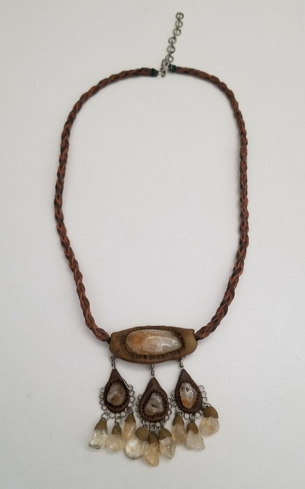Artisan Crafted Semi- Precious Stone & Clay & Leather Necklace 18.5-20.5″