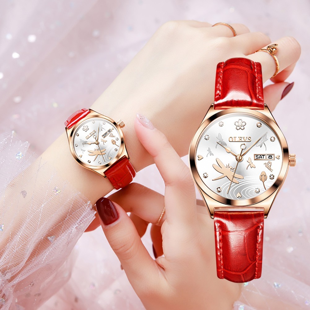 OLEVS 6611 Leather Dragonfly Style Automatic Female Dress Mechanical Wristwatch