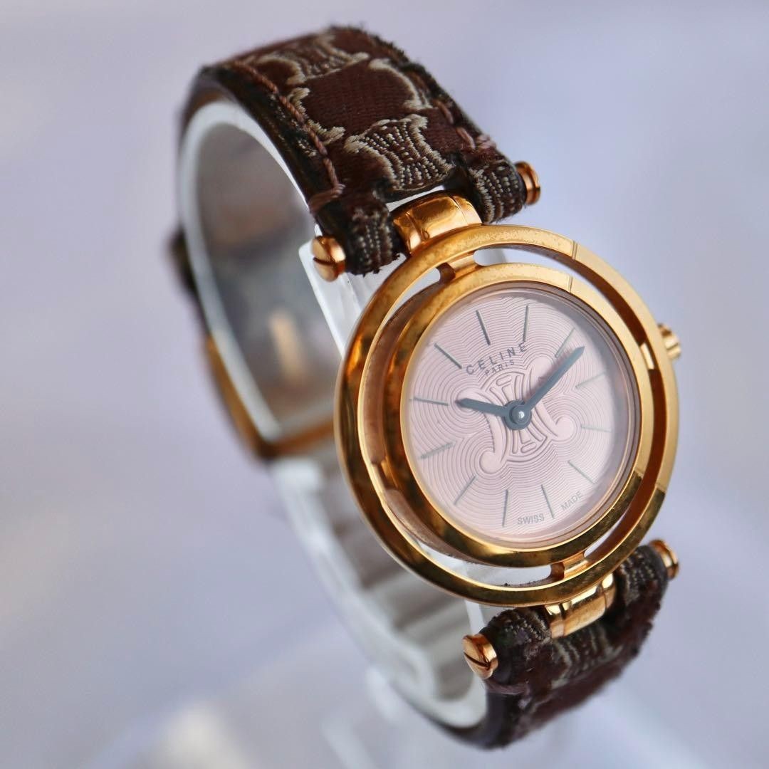 Vintage CELINE Macadam Triomphe Women’s Watch Pink Gold Dial Leather Working