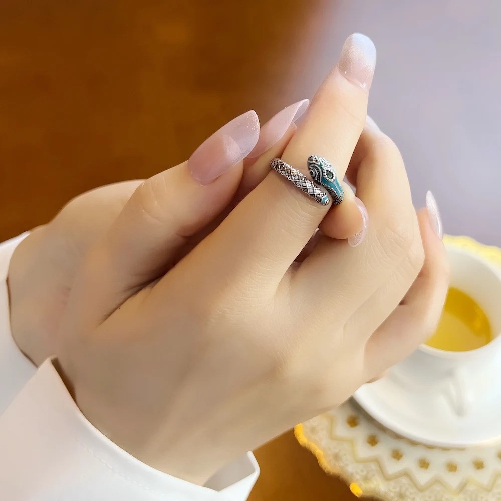 925 Sterling Silver Snake Ring Blue Green Enamel Adjustable