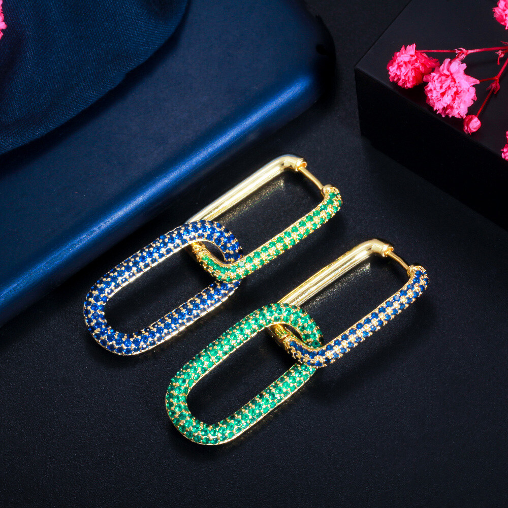 Gold Plated Mix Multicolor CZ Bridal Dangle Drop Rectangle Charm Hoop Earrings