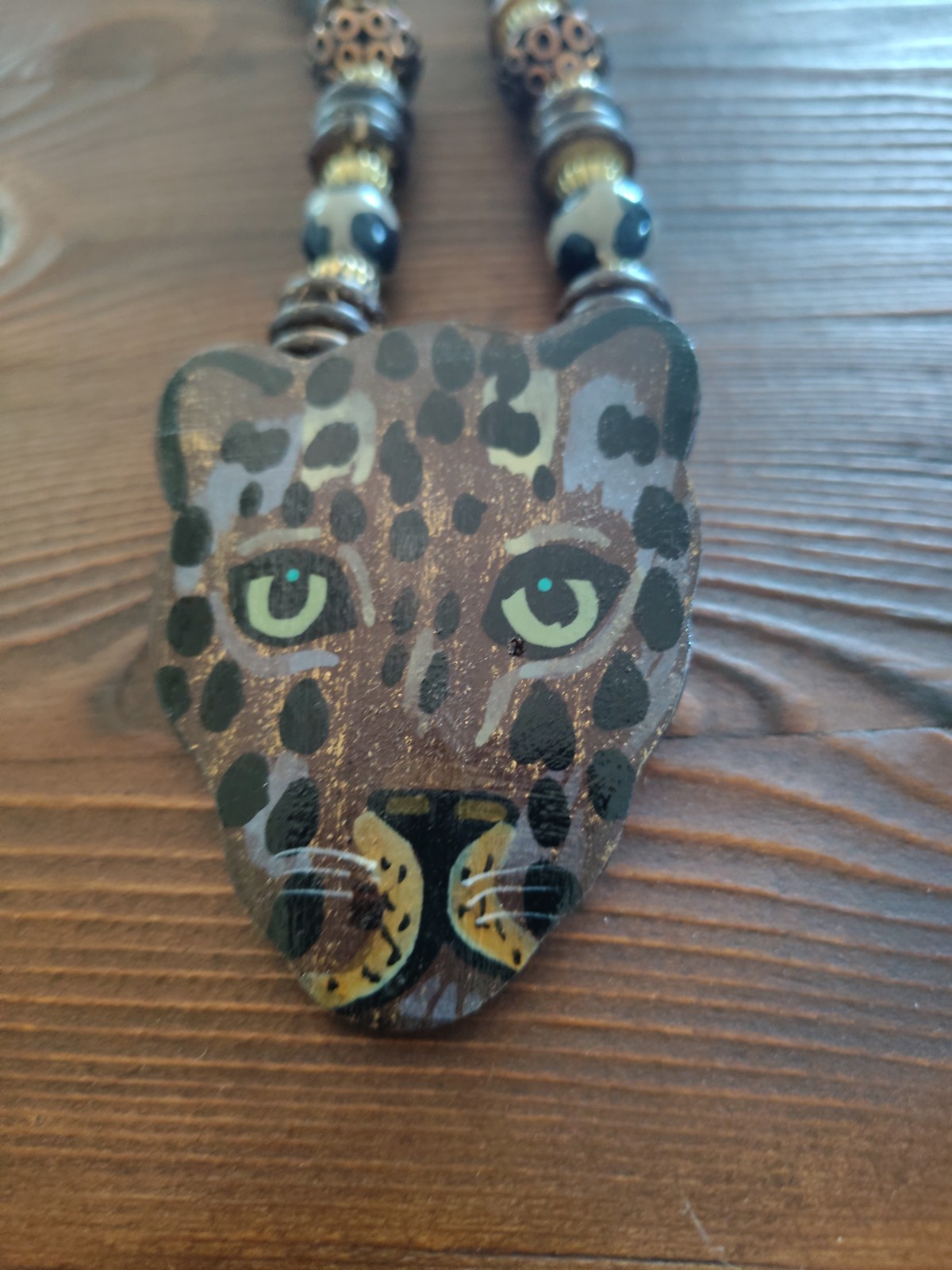 Vintage Hand Painted Leopard Wood – Metal Statement Necklace- Lee Sands