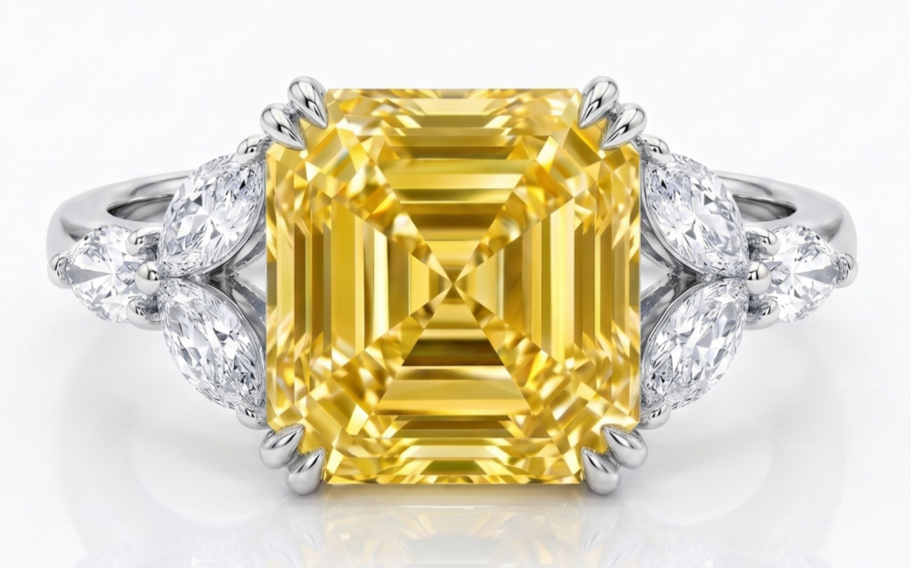 5.30 Ct Certified Asscher Cut Yellow Natural Diamond Ring VVS1 White Gold Finish