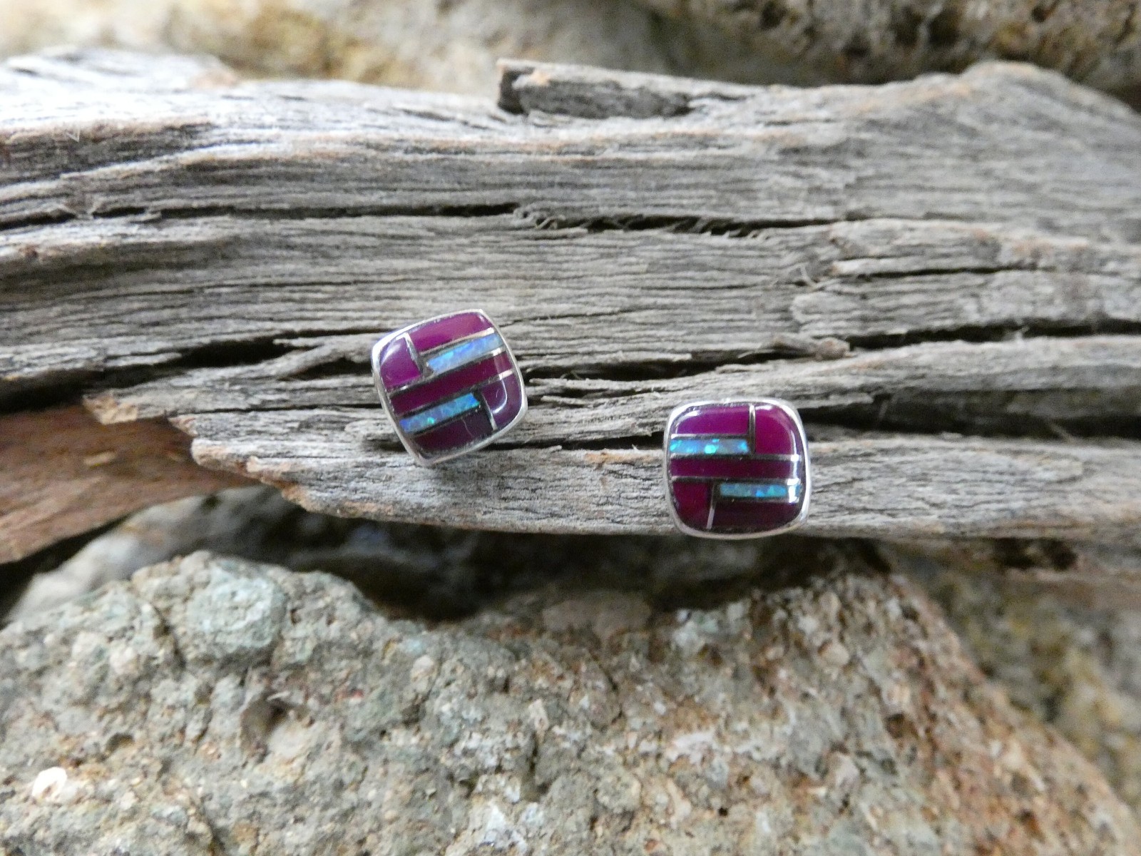 Purple Sugilite & Opal Gemstone Petite Post Earrings Sterling Silver NEW P55