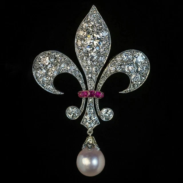 2.50Ct Round Lab Created Pearl & Ruby Fleur-De-Lis Brooch Pin Rose Gold Plated