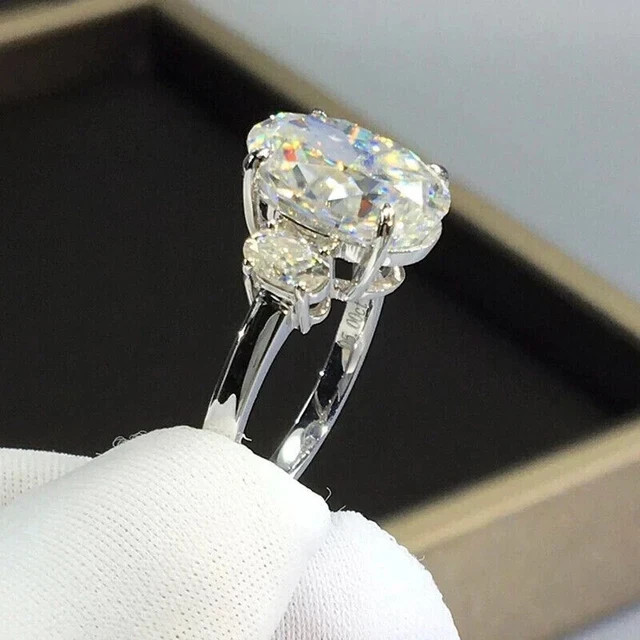 7ct Oval Cut Real Moissanite Three Stone Engagement Ring 14K White Gold Plated