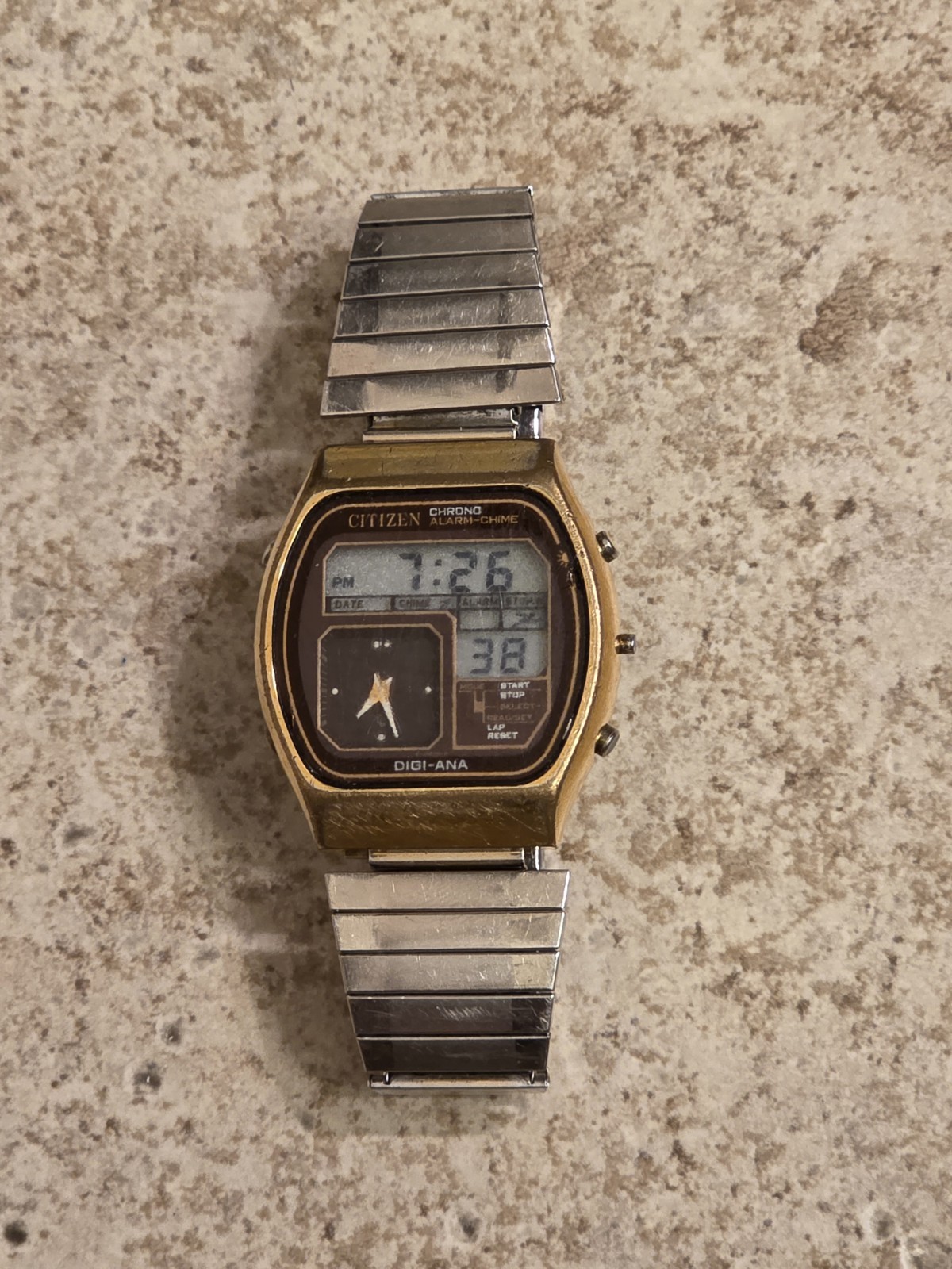 Citizen 41-9524 Gold/Brown Chrono Dual Time Digital Ana Watch * WORKING * READ