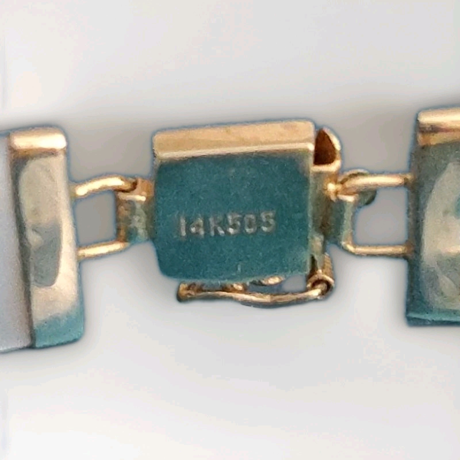 14K Yellow Gold Mother Of Pearl Gemstone Panel Tennis Bracelet Vintage Push Lock