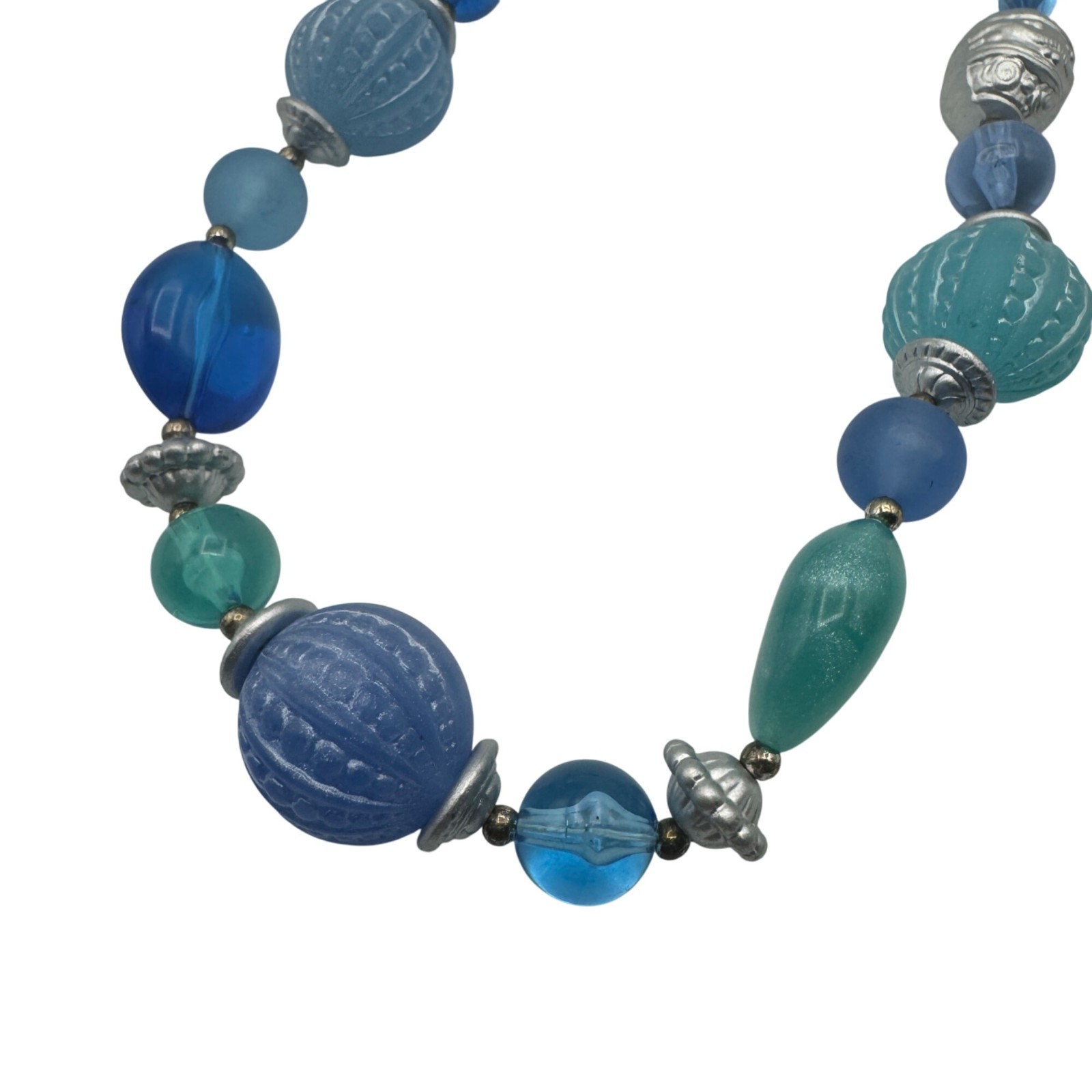 Genuine Lucite Beaded Necklace Gradient Blue Green Multi Shape Silver Accents