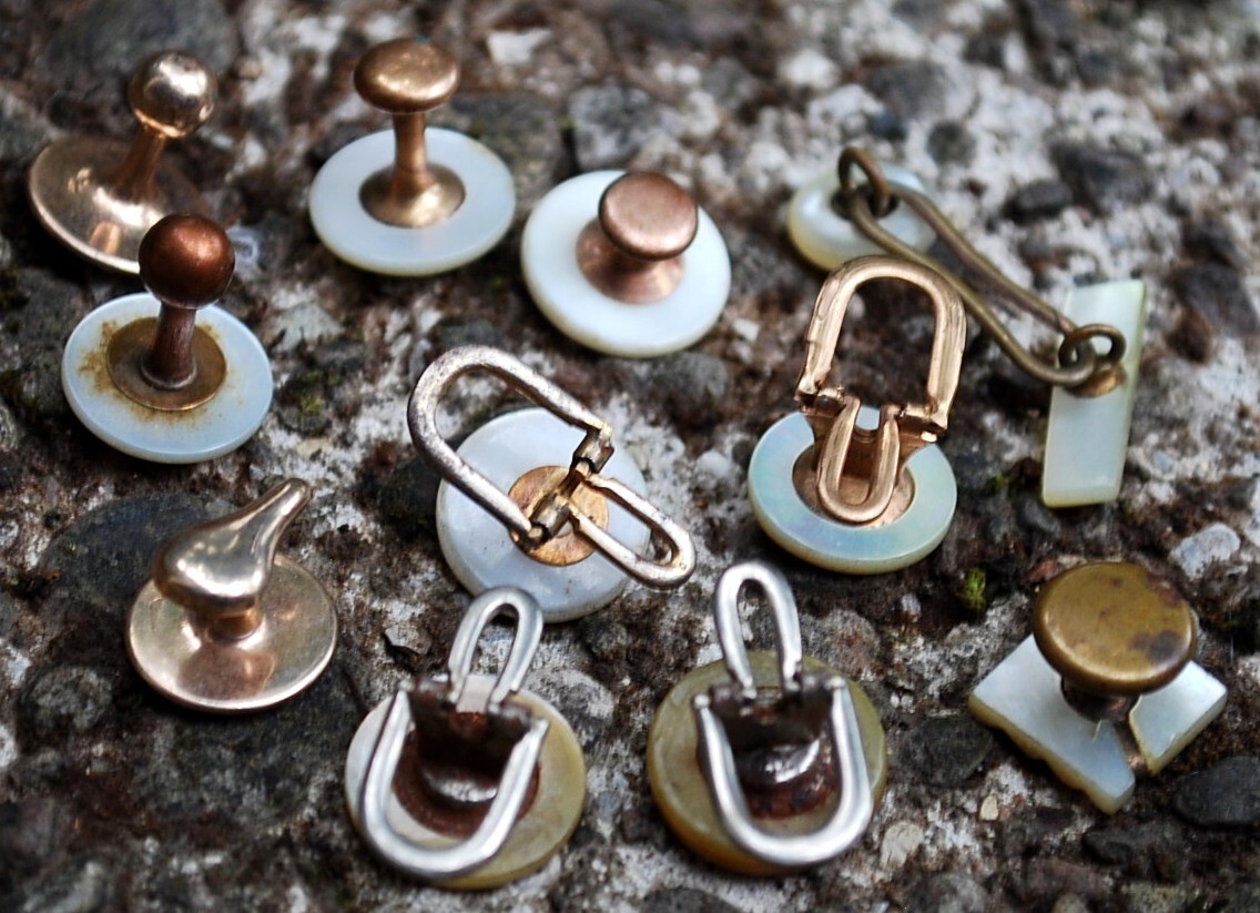 Antique Lot Of 11 MOTHER OF PEARL Button Studs, Ball Shirt Studs, Cufflink c1910