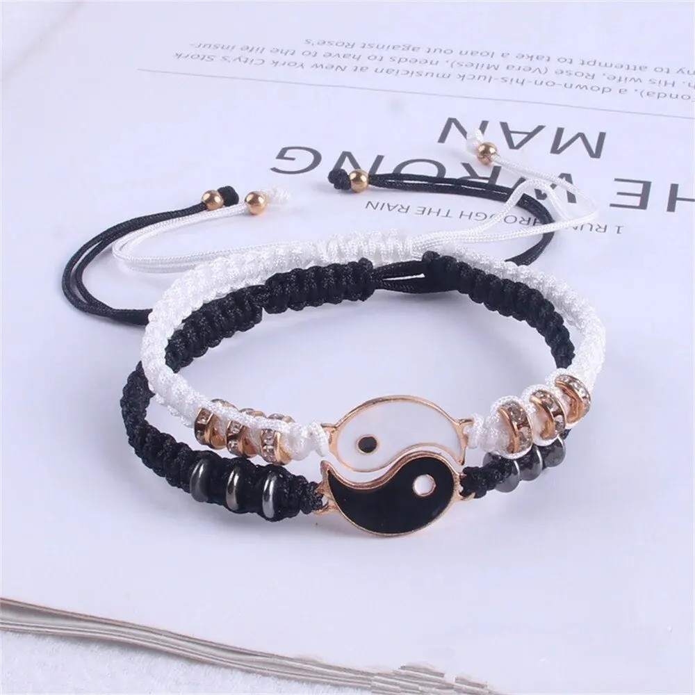 2 PC Jewelry Set Couple Black White Tai Chi Bracelet Rope Adjustable Chain Set S