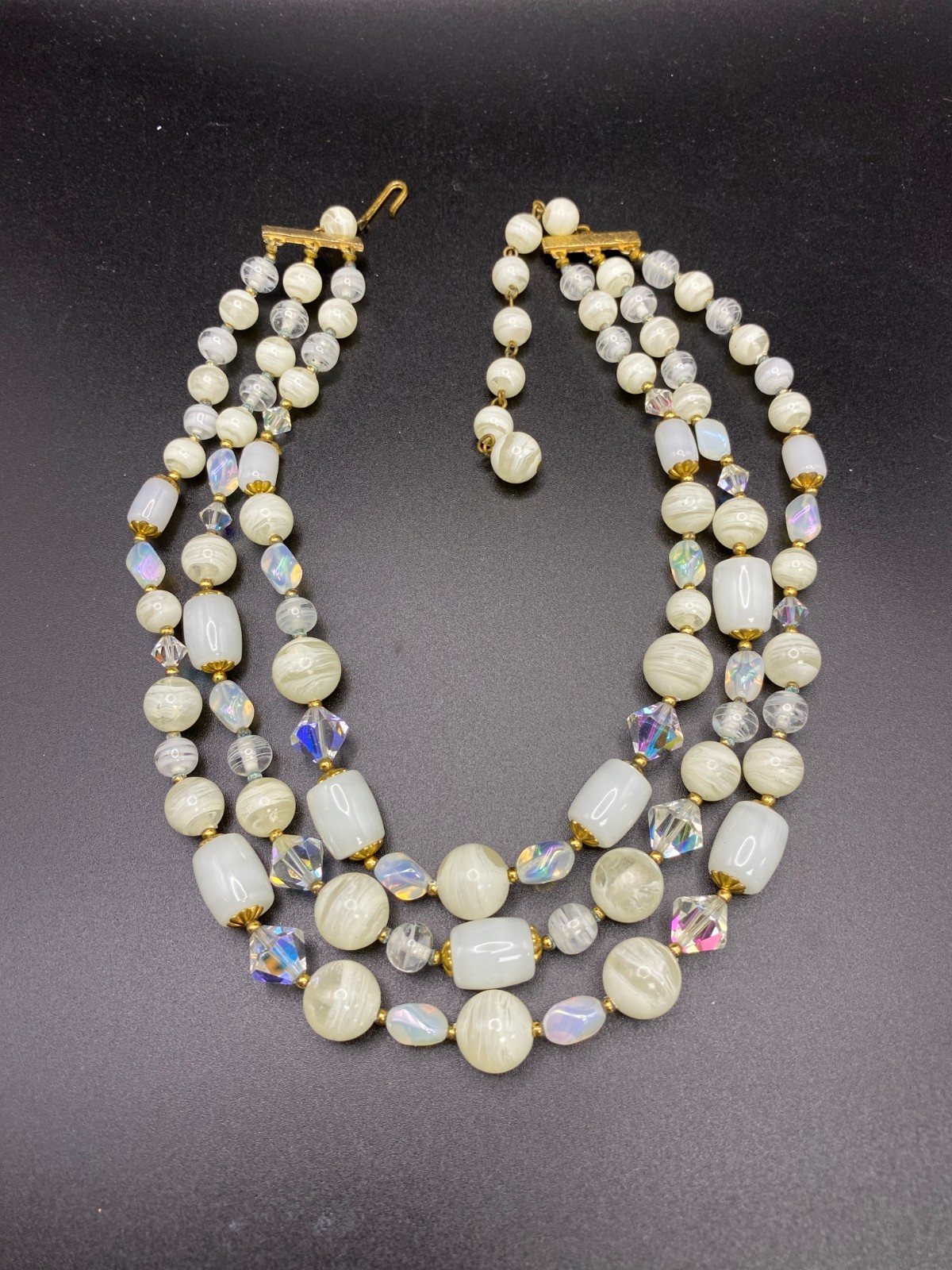 Vintage JAPAN 3-Strand Crystal & Opaline Art Glass Beaded Necklace!