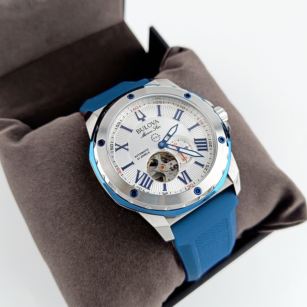 Bulova Marine Star White Dial Blue Rubber Strap 98A225 Automatic Men Watch 45mm
