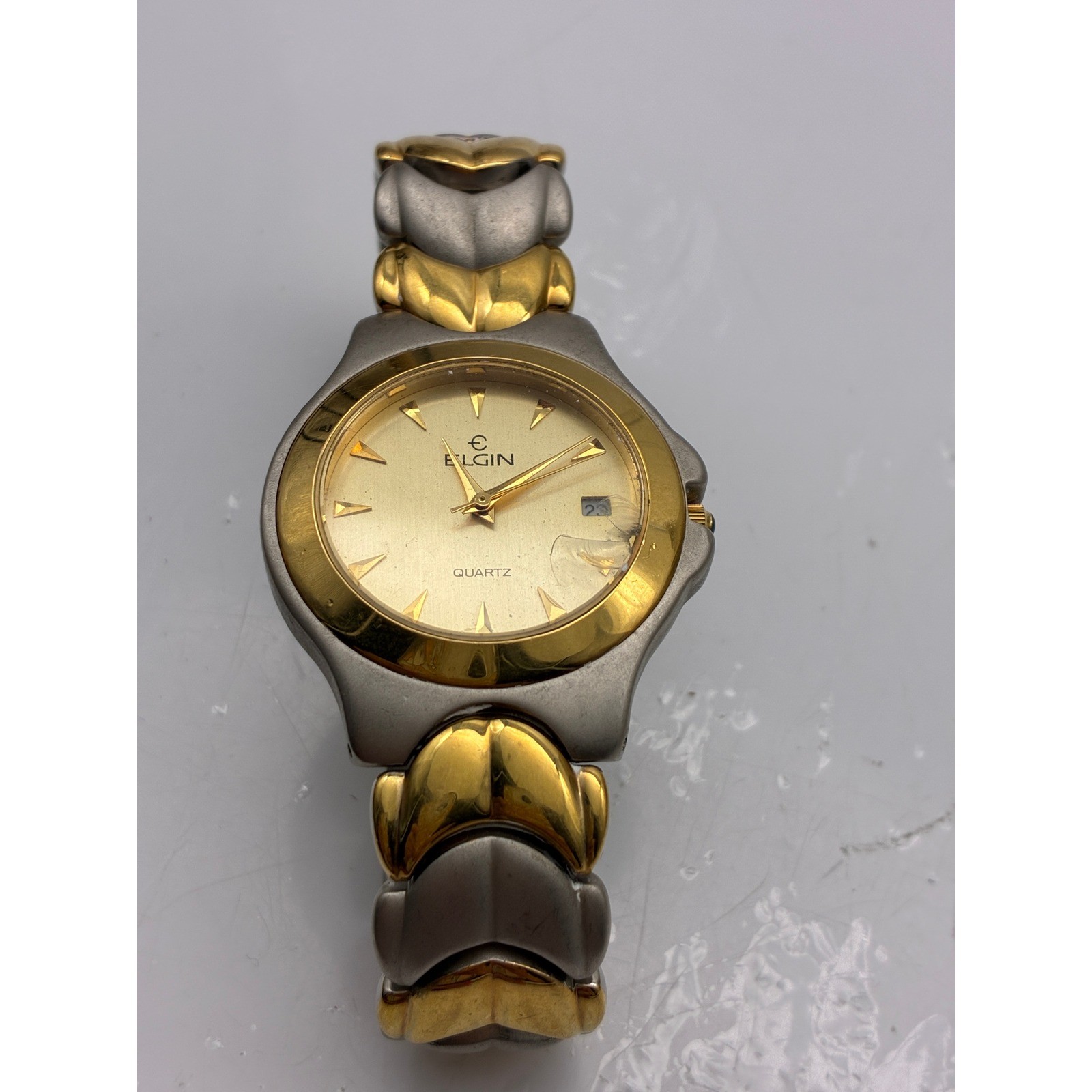 Elgin FM885 Two Tone Quartz Watch Gold Silver Date Window Blue Cabochon Crown