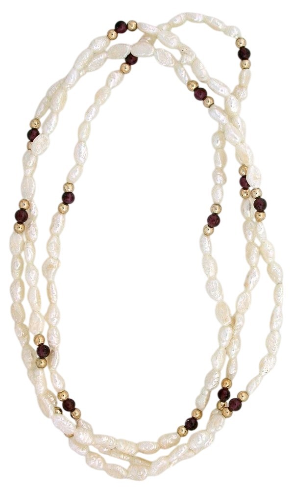 6mm to 7mm Freshwater Biwa Rice Pearl 4mm Garnet 3mm GP Bead 34 Inch Necklace