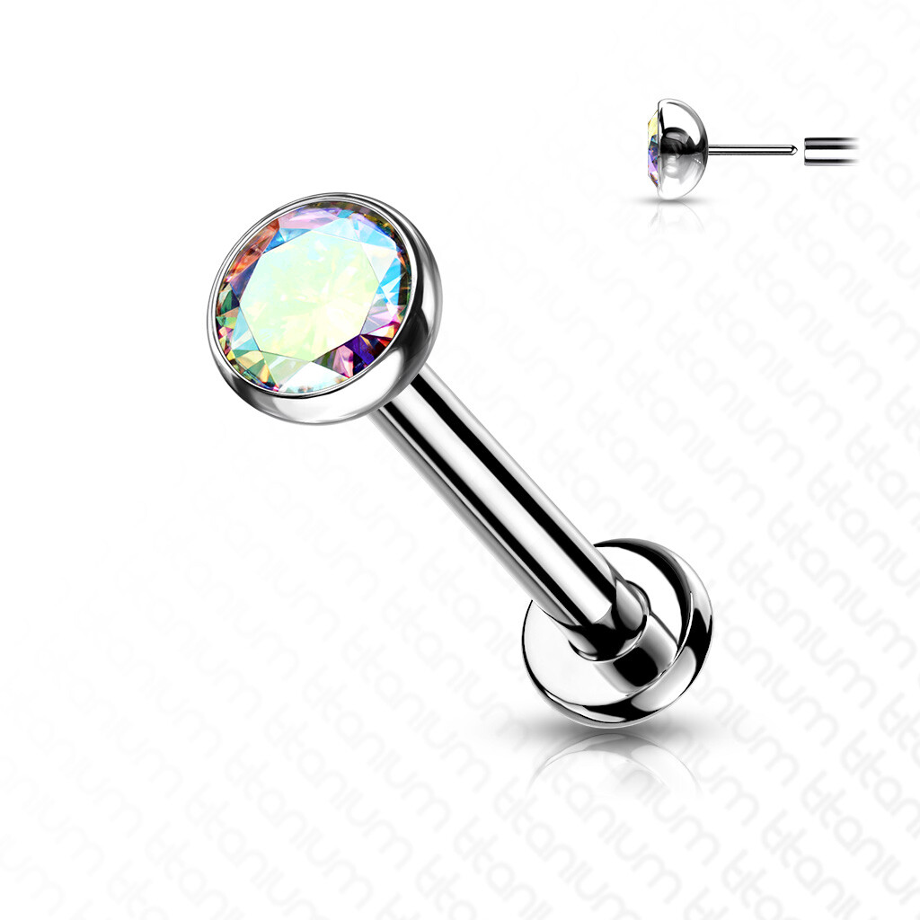 20G 18G Threadless Push in Labret Flat Back Studs Implant Grade Titanium CZ Gems