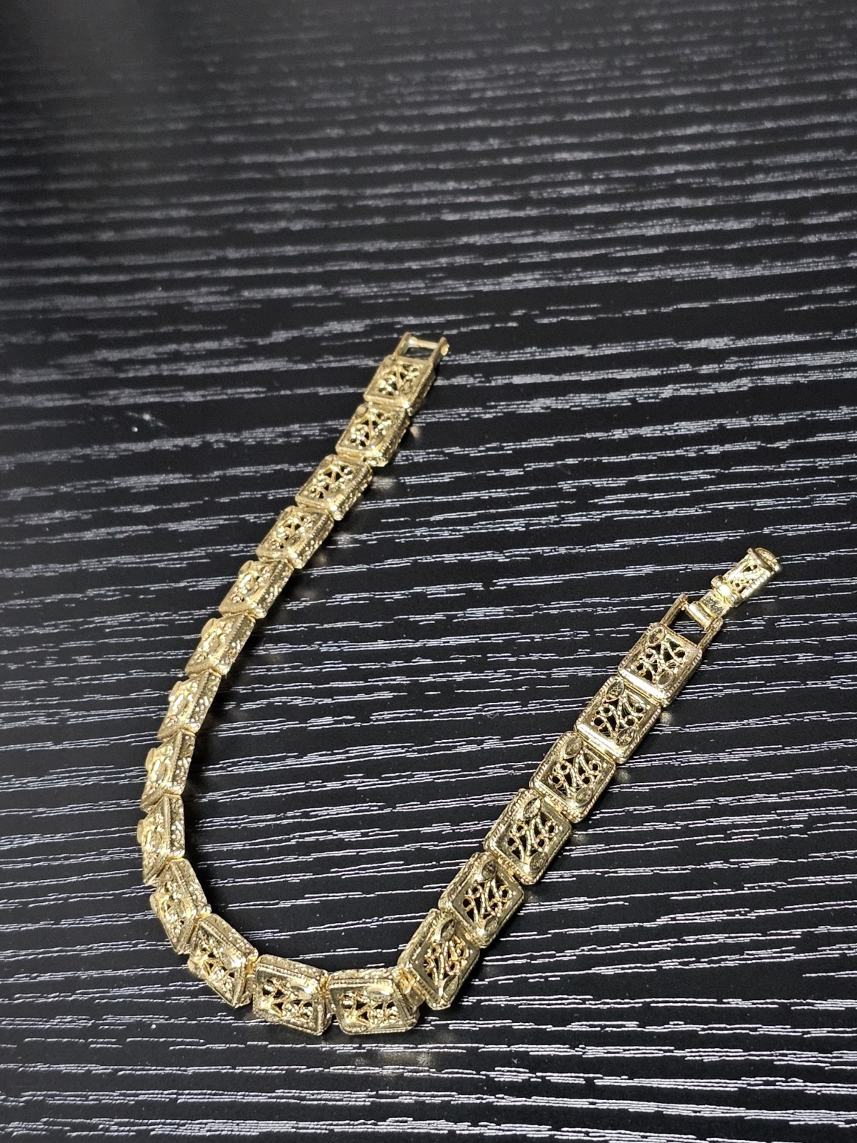 Gold Tone Filigree Square Link Bracelet Openwork Panel Fold Over Clasp