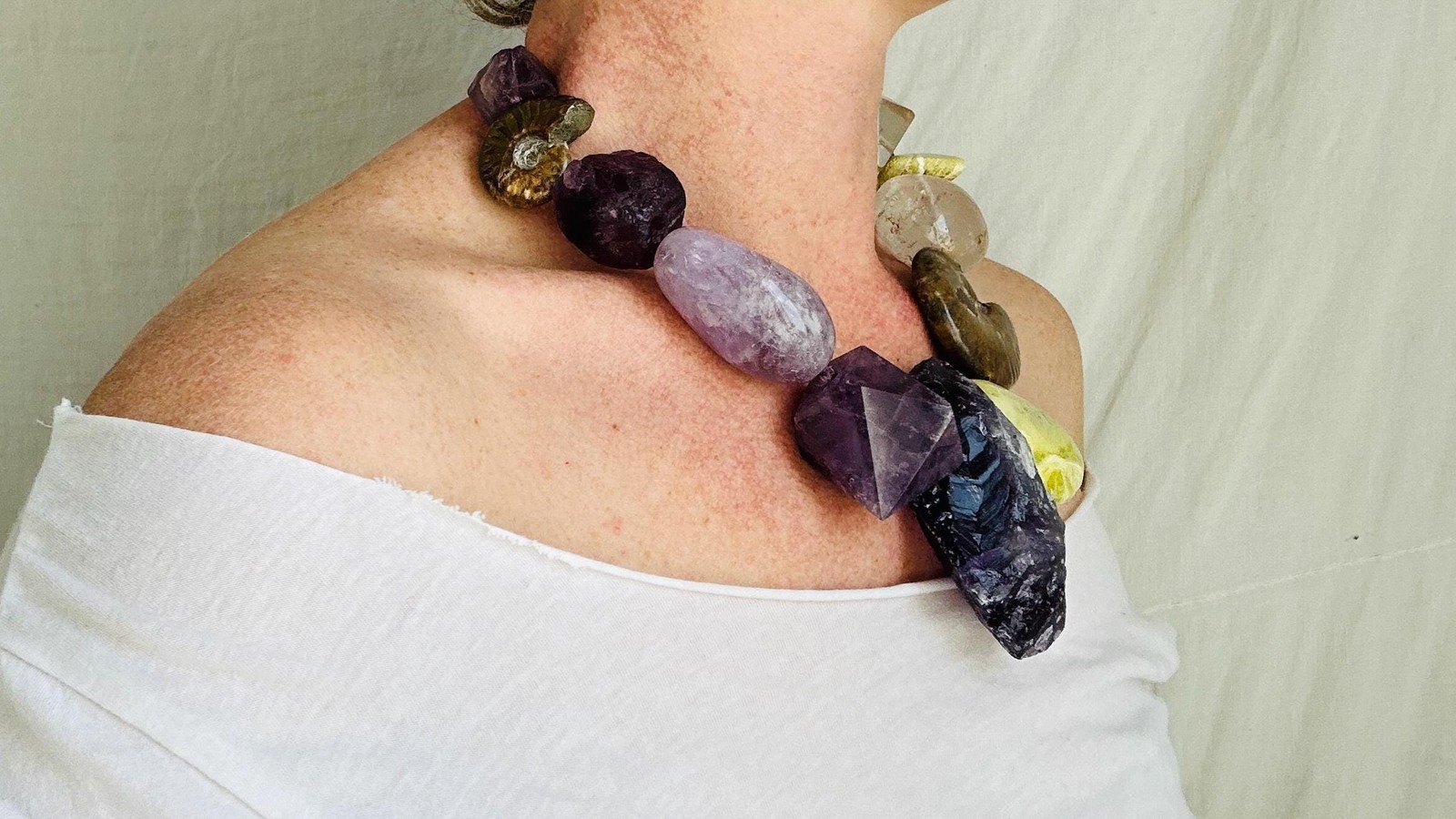Amethyst, Ammonite & Gemstone Necklace.Handmade Designer Jewelry. Atelier Aadya.