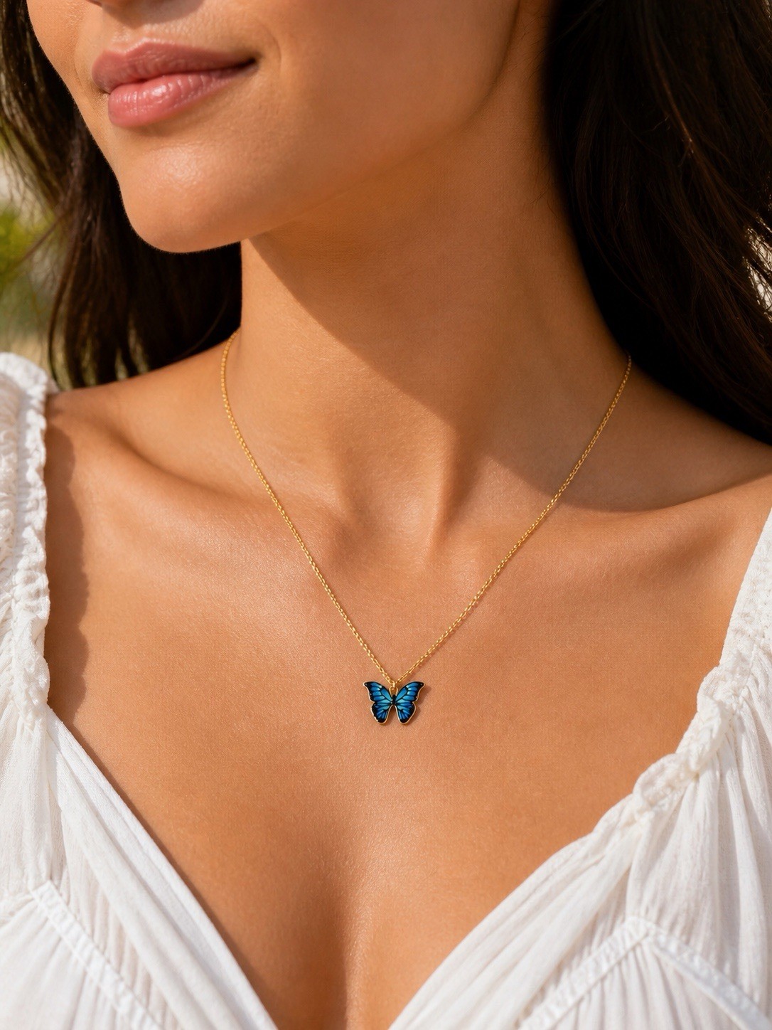 Blue Butterfly Pendant Necklace Gold Tone Chain Gift Box Included for Women