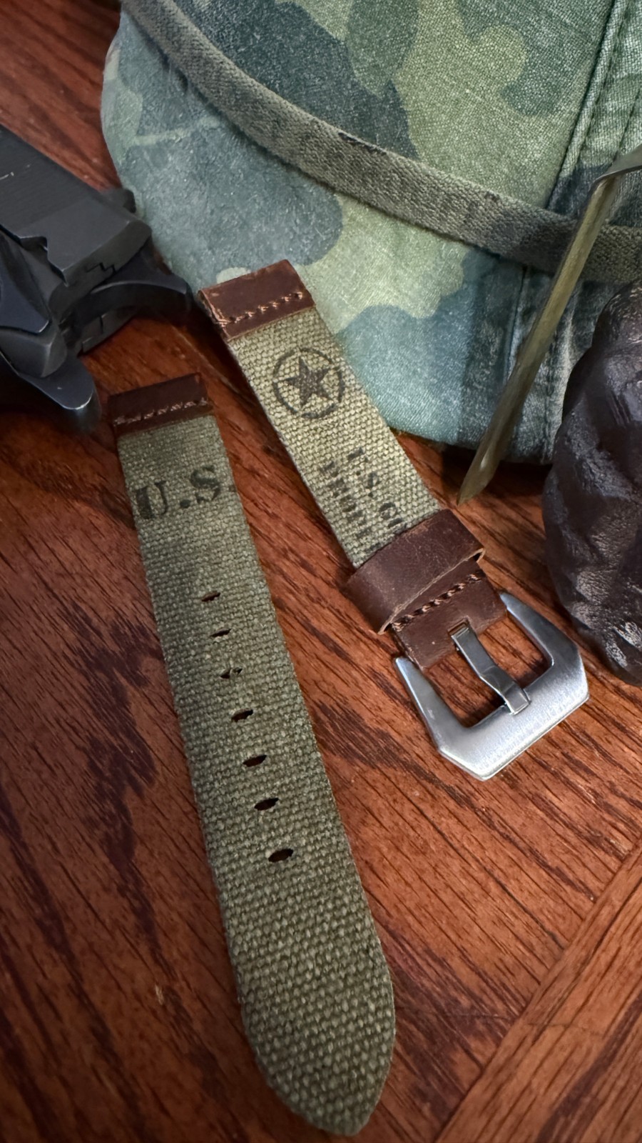 Custom Watch Strap US Military Olive Drab Canvas Leather 20 mm