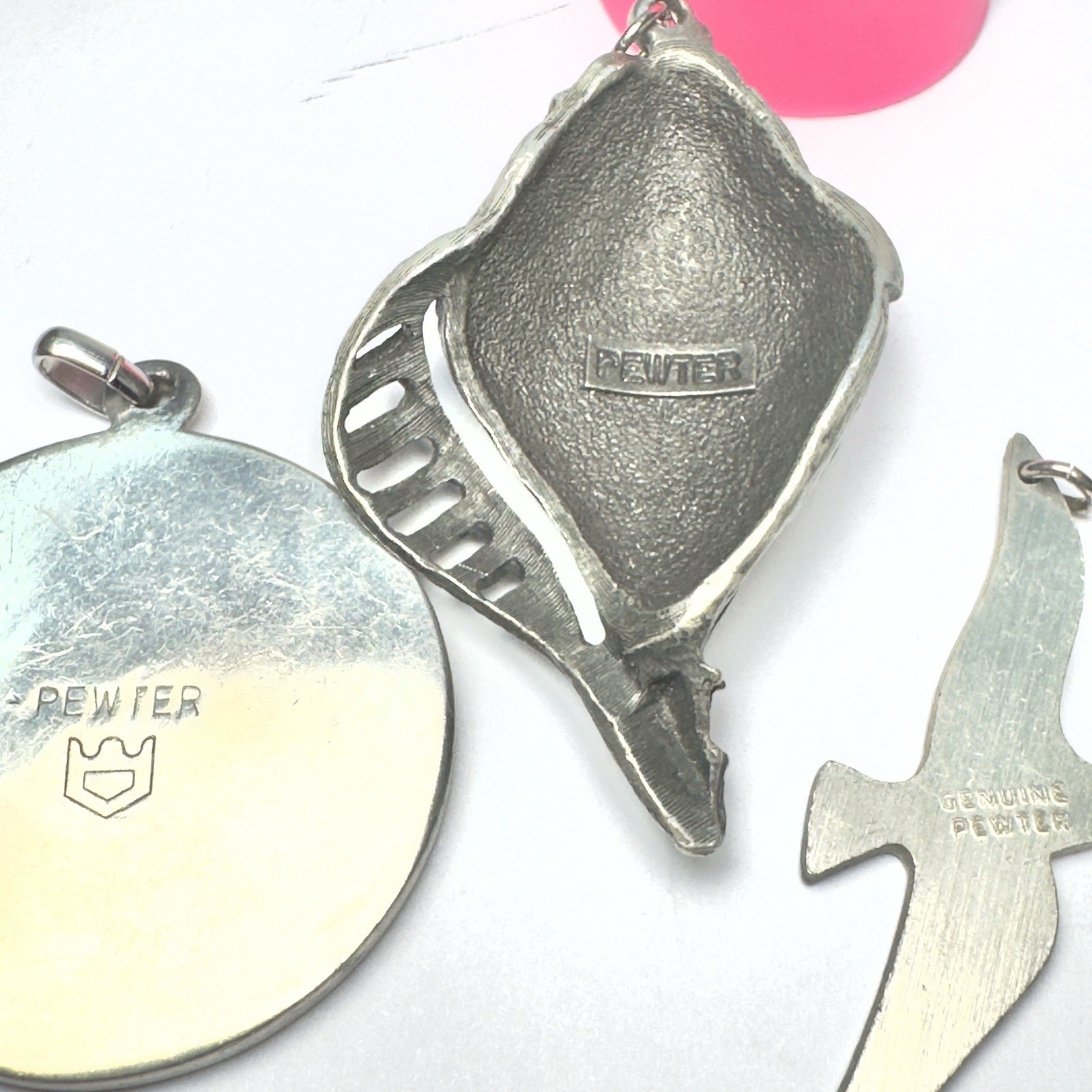 Vintage Pendant 3pc Lot Silver Pewter Sun Face Shell Seagull Some Signed