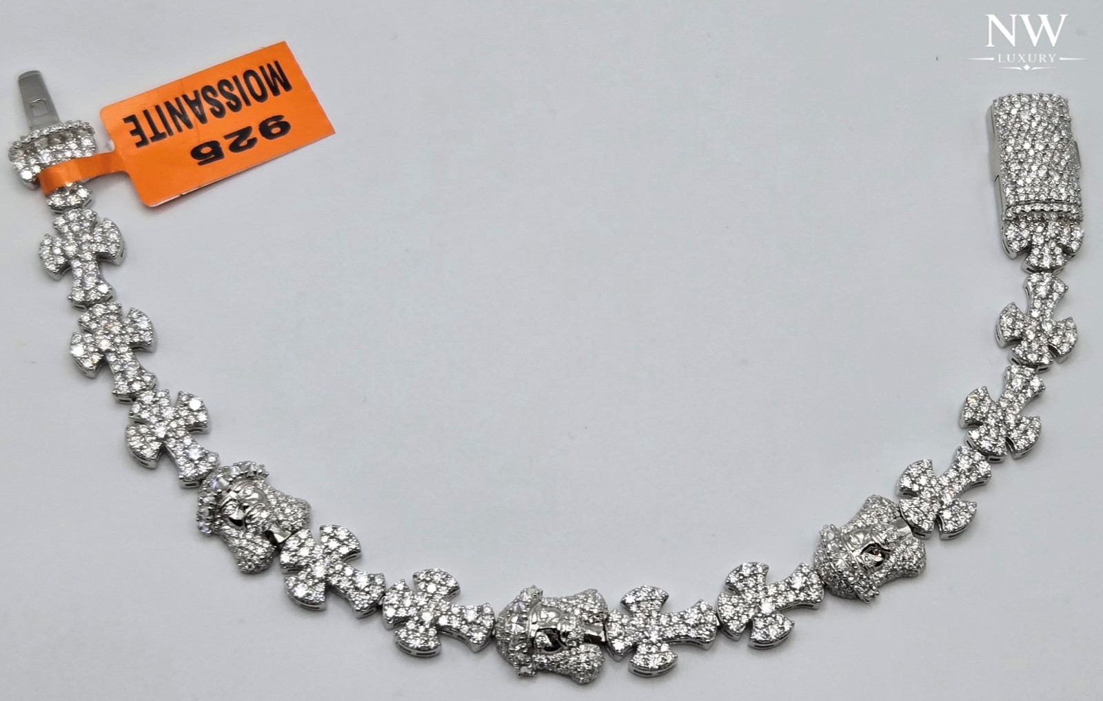 NEW 925 Sterling Silver MOISSANITE Jesus Face & Cross Bracelet, 9in Icey