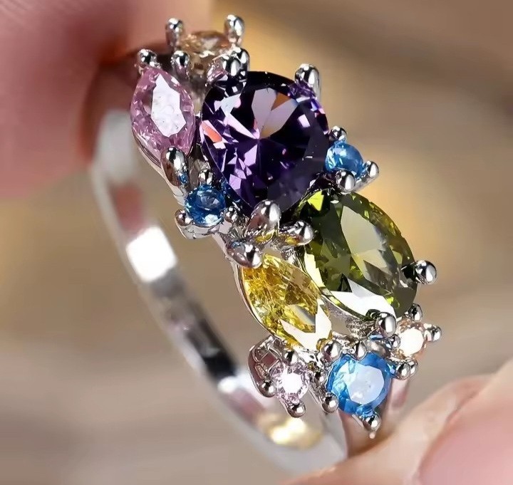 Multi Color Gemstone Cluster Ring Silver Statement Cocktail Women Jewelry Size 7