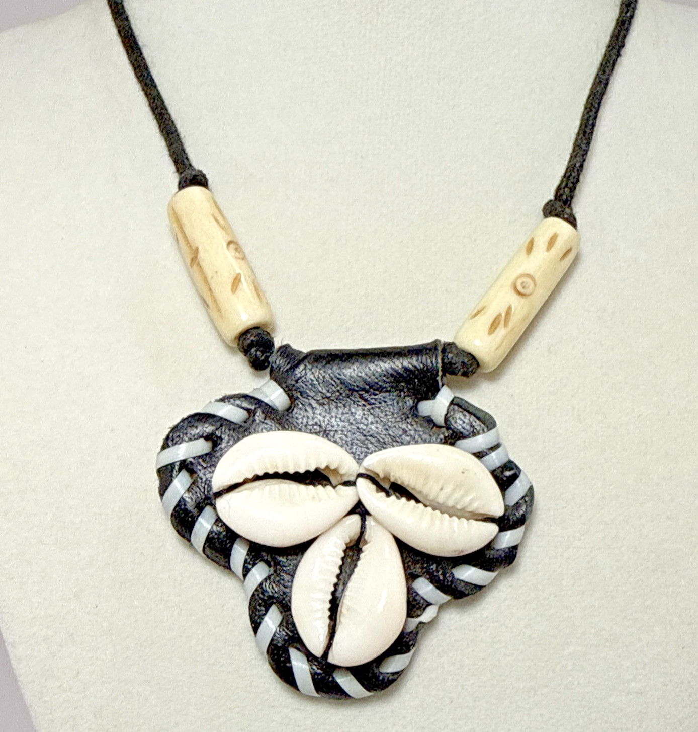 Vintage Cowrie Shell Pendant Necklace Cord Black White Braid Carved Bone India