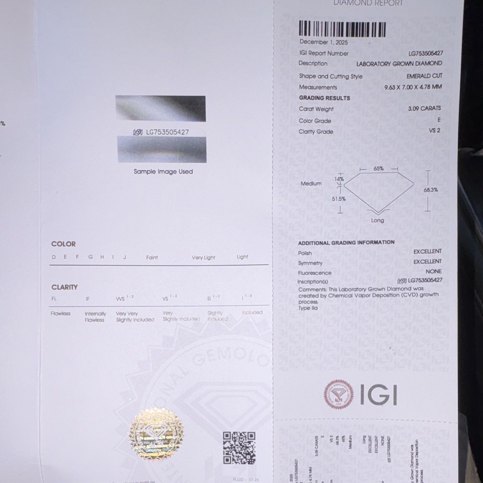 Lab Grown Emerald Cut Diamond 3.09ct E VS2 IGI 9.63×7.00mm LG753505427
