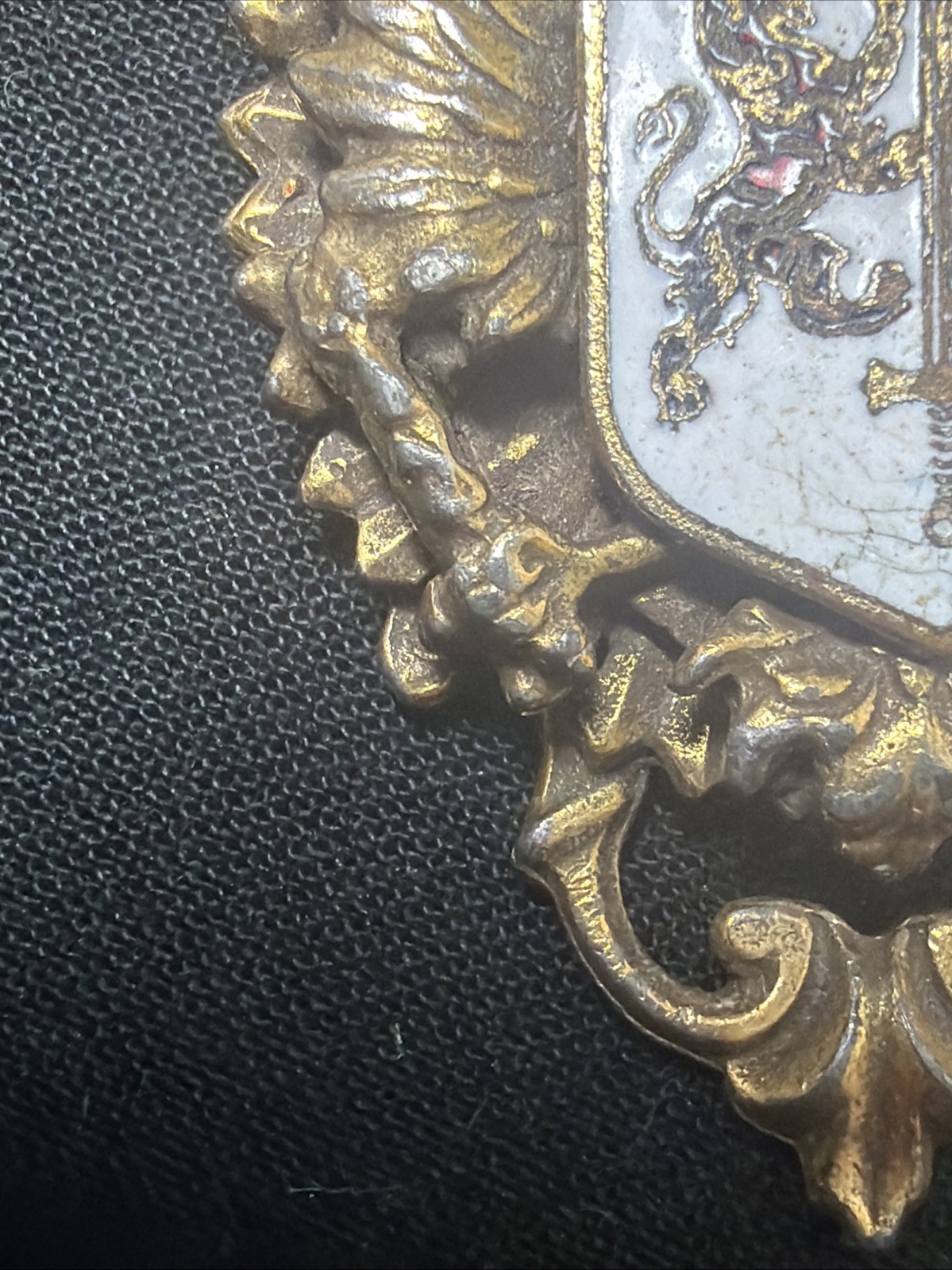 Vintage Heraldic Coat of Arms Standing Red Lions Laurels Fleur De Lis Brooch Pin