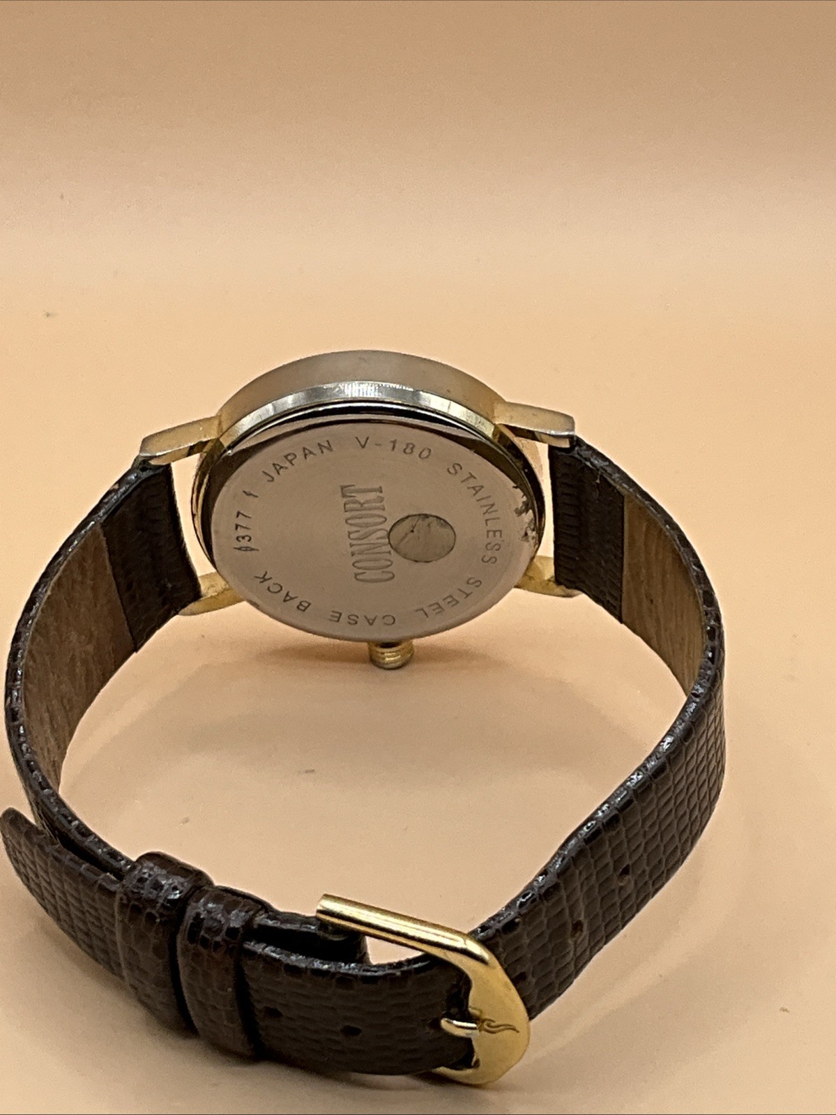 Consort Analog Wood Grain Beige Dial Brown Leather Stainless Steel Wristwatch