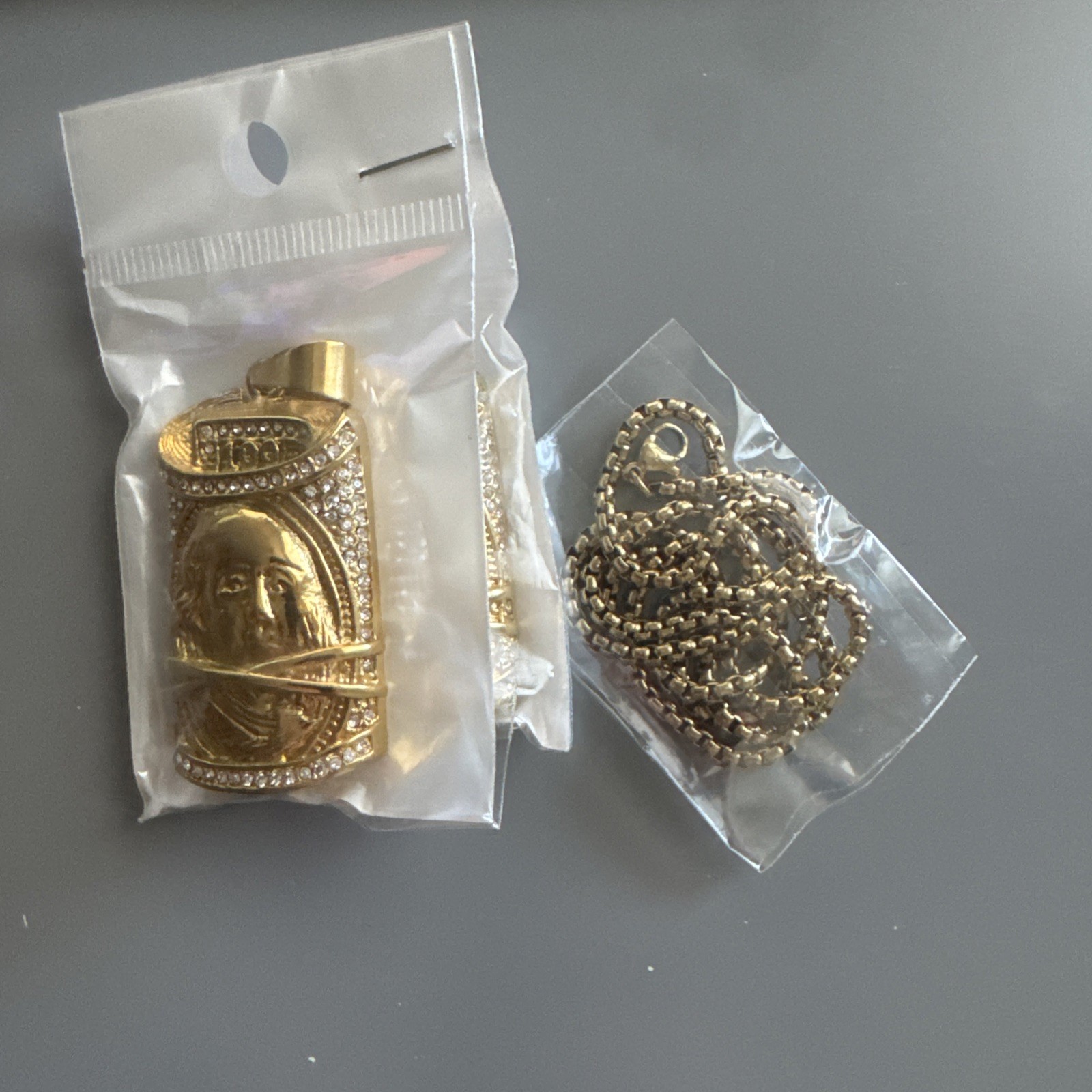 $100 Bill Pendant Gold Cubic Zirconia 24” Chain Hop Hop Money Dollar Franklin