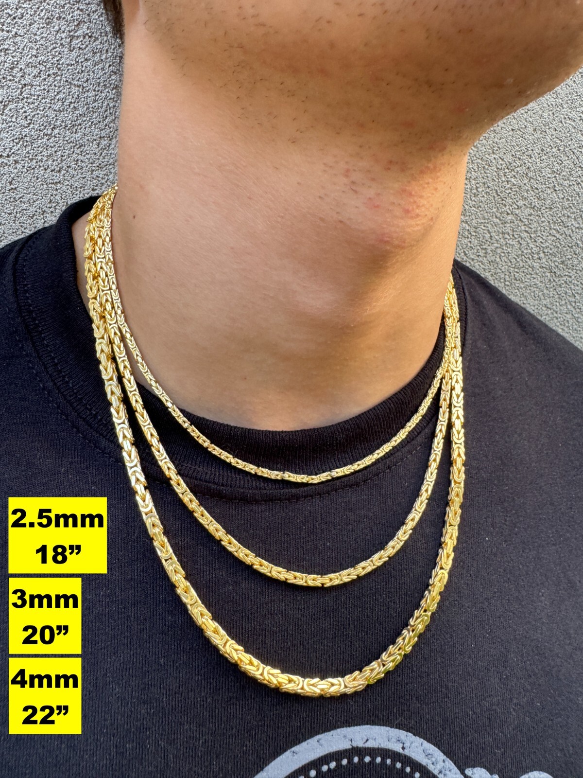 14k Gold Plated 925 Sterling Silver Byzantine Chain Mens Necklace 2.5-5mm 18-30″