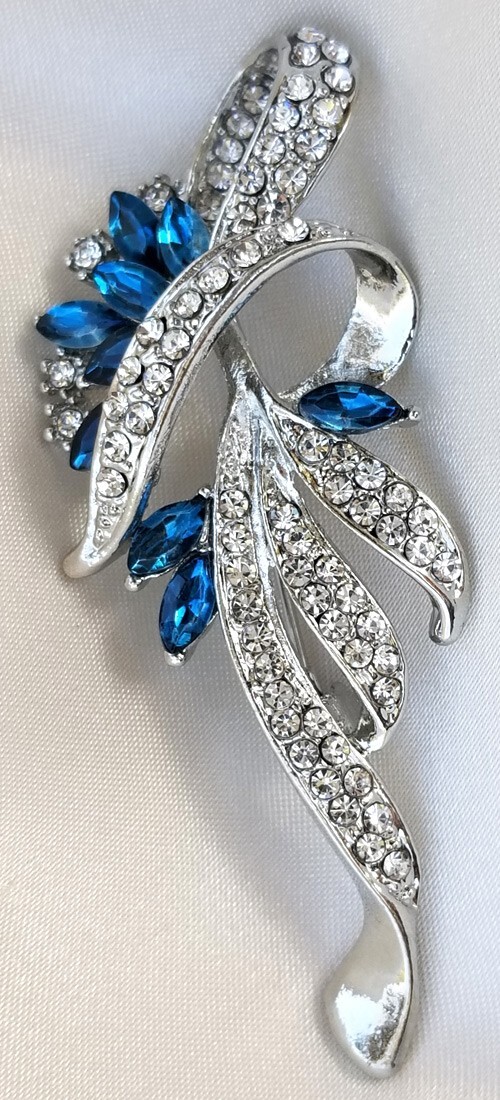 Crystal Rhinestone Brooch Pin, 2nd Quality Discounted, Medium Blue Silver Flower