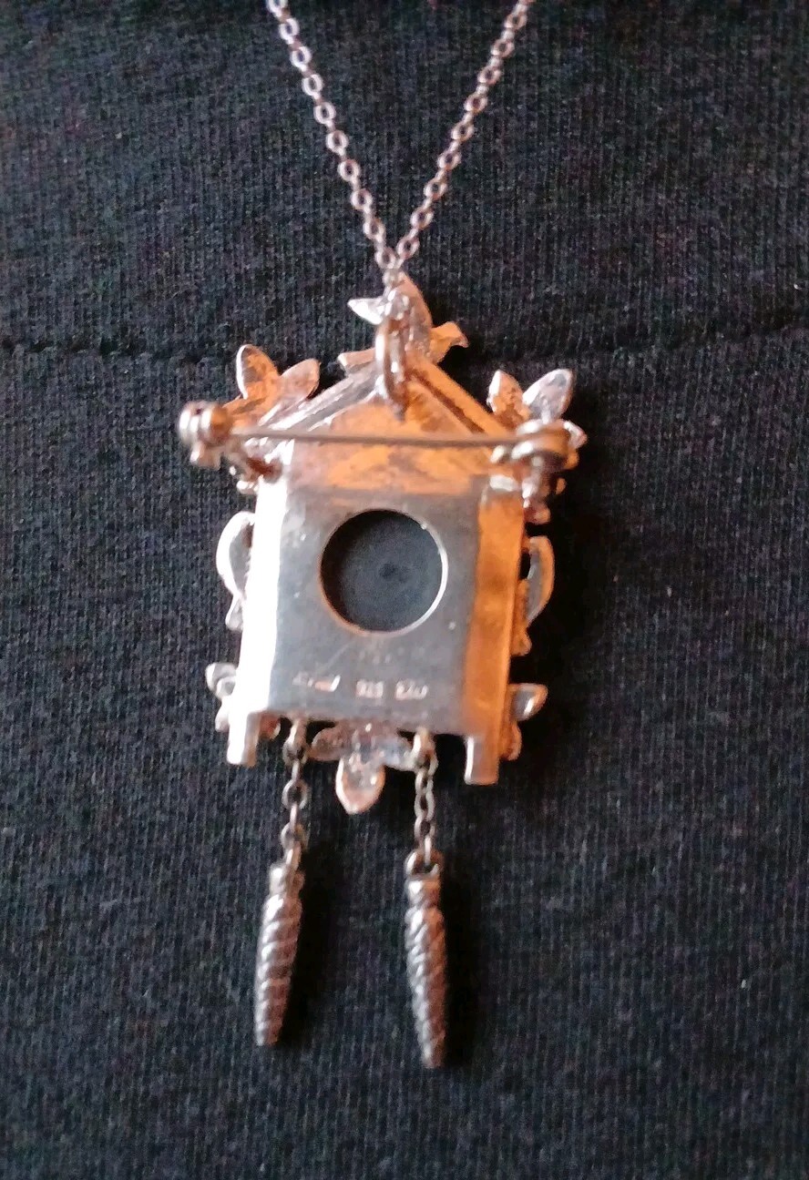 VTG Cuckoo Clock Germany Elo 925 Pendant Blk Onyx & Marcasite. 17″Chain 925Italy